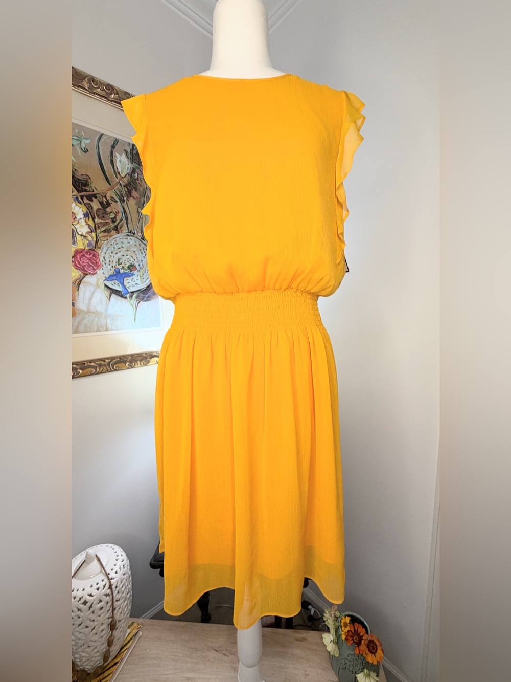 Mossimo NWT M Mustard Yellow Midi Dress Smocked Waist Flutter Sleeve Boho